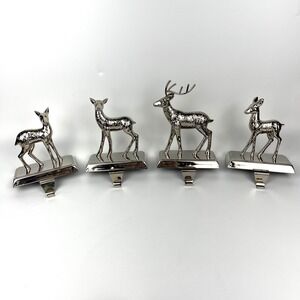 Vtg Set 4 Silver Reindeer Stocking Holders Christmas Decor Farmhouse Country EUC